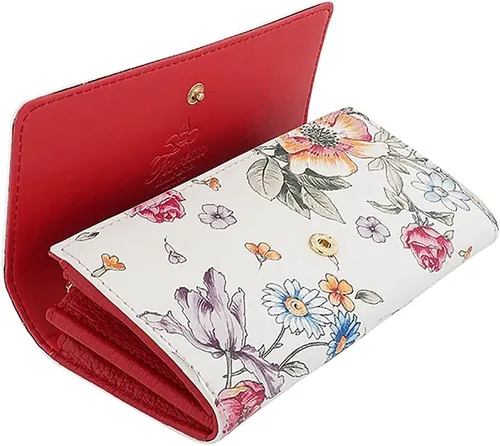 Vista 6 de Fioretta Cartera italiana de cuero genuino para mujeres organizador de tarjetas de crédito patrón de flores, Rojo-floral, Cartera con cremallera