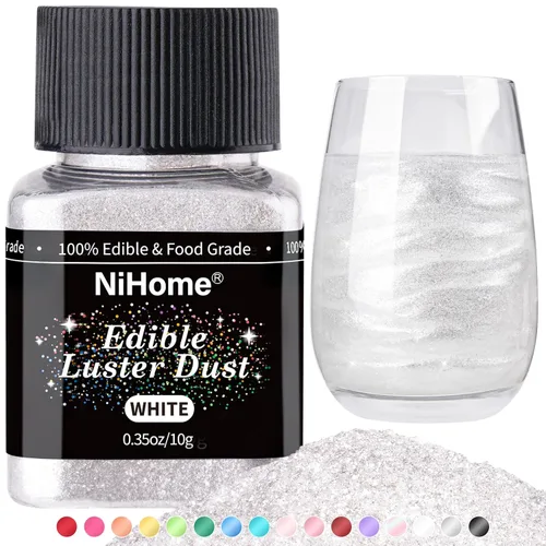 Vista 27 de NiHome Polvo brillante comestible de grado alimenticio con purpurina para decoración de alimentos, polvo metálico para bebidas, vino, bebidas, Blanco