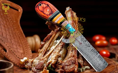 Vista 7 de Cuchillo de caza de Damasco hecho a mano, cuchillo de hoja fija de 8 pulgadas con funda, cuchillo de vaquero de espiga completa, cuchillo de Multi
