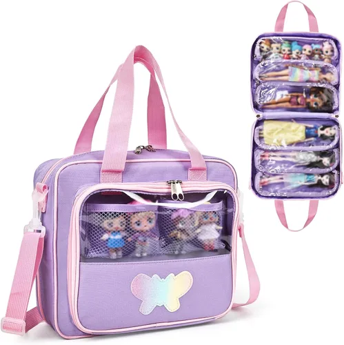 Vista 8 de Funda de transporte compatible con muñecas Barbie de 12 pulgadas/6 pulgadas. Bolsa de almacenamiento para muñecas compatible con muñecas LOL Rosa