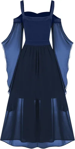 Vista 3 de ZEFOTIM Disfraz medieval para mujer, hombros descubiertos, mangas de murciélago, corsé con volantes, vestido de tubo gótico Cosplay L6242