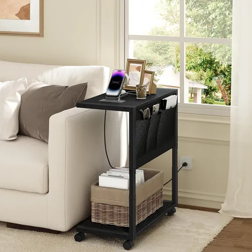 Vista 8 de YATINEY - Soporte de torre para computadora con estación de carga, soporte de torre de PC ajustable en altura para piso, carrito de computadora de 2