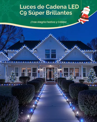 Vista 6 de Luces LED C9 de Navidad para exteriores con 100 clips de resorte, tira de 100 luces LED C9 de 65 pies, impermeables, conectables para techo, patio