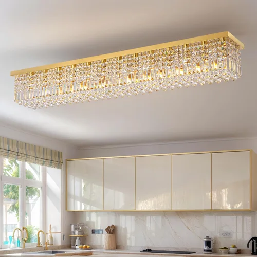 Vista 10 de Siljoy Candelabro de Cristal Moderno de 6 Luces Rectangular Dorado K9 Candelabro de Cristal en Forma de Gota de Lluvia para Comedor, Lámpara