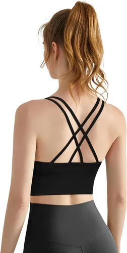 Vista 3 de VEQKING Brasier deportivo con tirantes para mujer, espalda cruzada, soporte medio, sin costuras, extraíble, acolchado, para yoga, entrenamiento