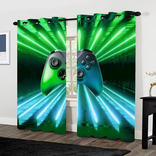 Vista 2 de Cortinas de ventana de gamepad verde y azul, cortinas modernas para ventana de jugador, tratamiento de ventana de juegos para jugadores, aislamiento