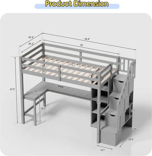 Vista 9 de Xilingol - Cama alta individual con escaleras y escritorio, cama alta de madera maciza, cama alta resistente con escritorio en forma de L, tiras