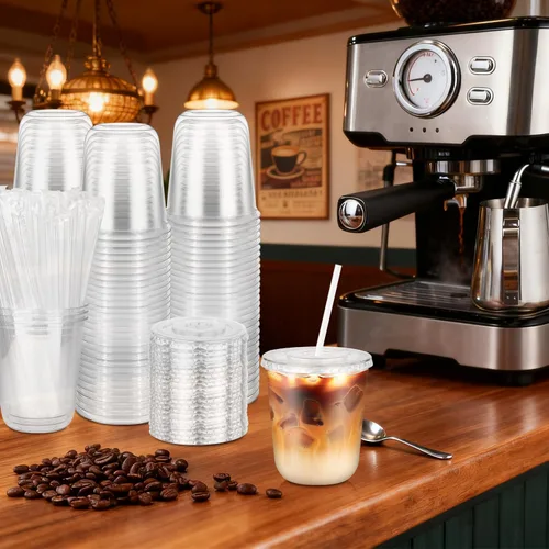Vista 2 de 100 piezas de 12 onzas. Vasos desechables de plástico con tapas planas y popotes transparentes, vasos de fondo redondo para llevar café helado