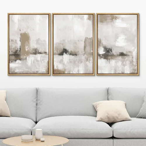 Vista 420 de SIGNFORD - Set de obras de arte en lienzo enmarcado para pared, ilustraciones abstractas de neblina del desierto en tonos neutros beige y marrón