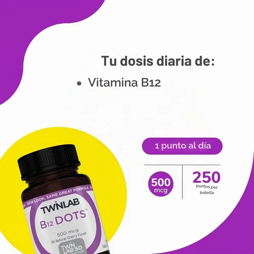 Vista 3 de Twinlab B-12 Dots, soporte de producción de energía, 250 tabletas