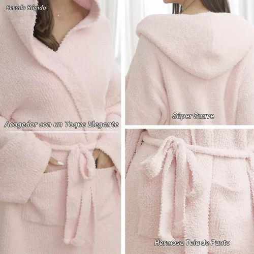 Vista 3 de DOOWELL Bata de baño de punto ligera y absorbente para mujer, bata de baño suave con bolsillos K1-rosa/Con capucha