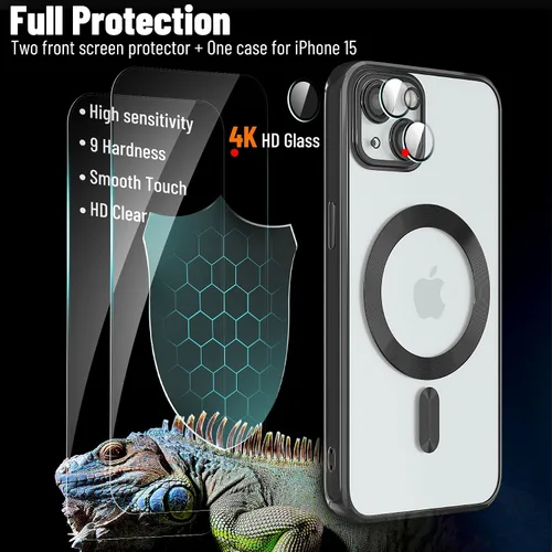 Vista 2 de Funda magnética para iPhone 15, galvanizada transparente, delgada, para iPhone 15 (6.1 pulgadas), con película protectora de pantalla, a prueba