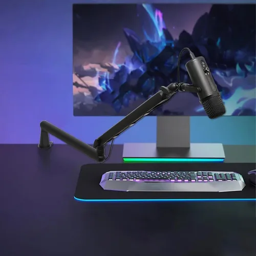 Vista 2 de Brazo de micrófono de perfil bajo, soporte de micrófono de metal ajustable con abrazadera de escritorio, articulación de 360° y gestión de cables