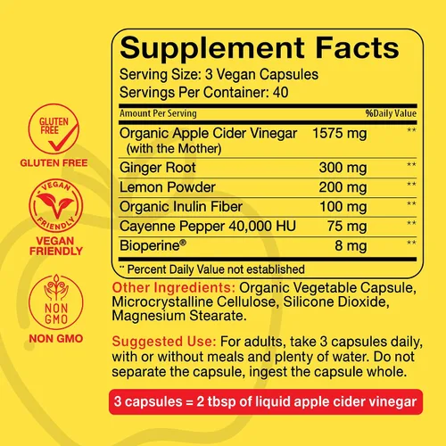 Vista 6 de Cápsulas de vinagre de sidra de manzana intencionalmente desnudas – Ayuda a la digestión 120 ct Organic, Raw, Unfiltered ACV capsule with the