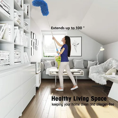 Vista 5 de Plumero de microfibra con poste extensible, plumero de telaraña extra largo de 100 pulgadas para limpieza, cabezal flexible, antiarañazos, lavable