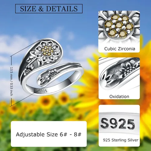 Vista 6 de 925-Sterling-Silver Adjustable Spoon Ring for Women - Vintage Bee Rings Animal Jewelry Birthday Christmas Gifts for Daughter Wife