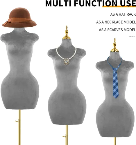 Vista 4 de Soporte de trípode de maniquí femenino de terciopelo gris,Maniqui ajustable en altura para cuerda,Maniquí de forma de vestido y exhibición
