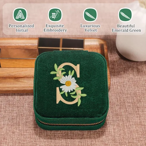 Vista 2 de GSPY Joyero de viaje, joyero de terciopelo con inicial, regalos personalizados para mujeres, joyero de viaje pequeño, organizador de joyas, regalos