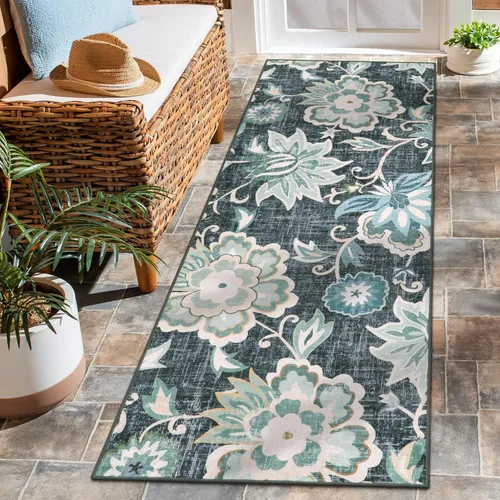 Vista 45 de Beeiva Alfombras florales de entrada, lavables para interiores, ultra fina, de 2 x 3 pies, antideslizante, para cocina, tapete de cachemira suave