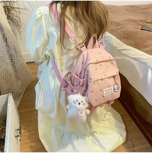 Vista 3 de Mochila estética Kawaii con colgante mini mochila para niñas, bonita mochila escolar japonesa, mochila con flores, Rosado, S, Kawaii
