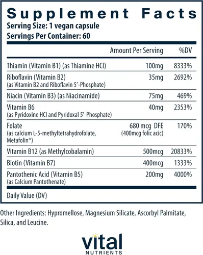 Vista 2 de Vital Nutrients Vitamina B Complejo, Vitaminas B Metiladas, 60 Cápsulas