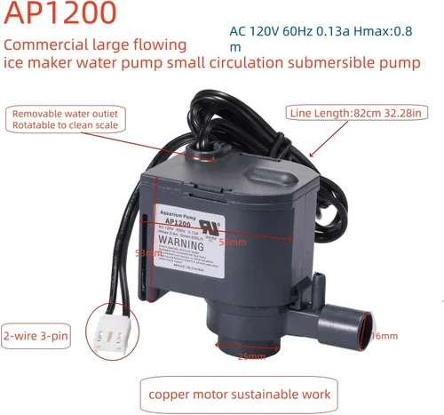 Vista 3 de AP1200 AC120V Bomba de agua de máquina de hielo grande comercial Bomba sumergible de circulación pequeña Ajuste para HZB-30F, HZB-38F, HZB-32