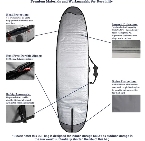 Vista 4 de Abahub Bolsa de viaje de SUP de alta calidad, funda acolchada de espuma para tabla de remo, bolsas de transporte para paddleboard, al aire libre