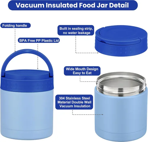 Vista 4 de HWONMTE Termo de sopa de 10.5 onzas para comida caliente, para niños y adultos, tarro de alimentos aislado con asa ancho de boca, recipientes de Azul