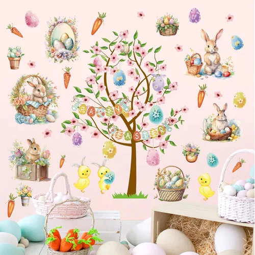 Vista 4 de Calcomanías vintage de Pascua para decoración de pared de conejo, calcomanías de ventana de Pascua, calcomanías de pared de árbol de primavera