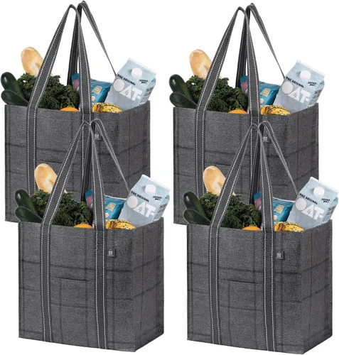 Vista 11 de VENO Paquete de 4 bolsas de comestibles reutilizables de Navidad, bolsas de compras resistentes con asas, para carrito de compras con parte inferior