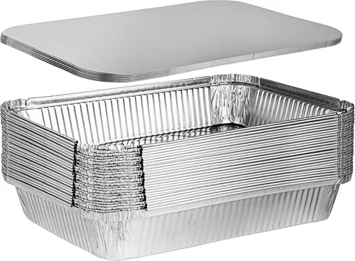 Vista 9 de PLASTICPRO Moldes de Aluminio Desechables para Llevar de Papel de Aluminio Oblongos para Hornear de 4 LB de 12'' X 8'' X 2'' Pulgadas Con Tapas