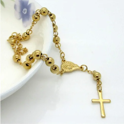 Vista 3 de Blowin Rosario de acero inoxidable pulsera de cruz de oración católica ajustable, oro