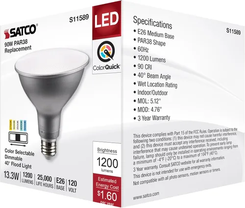 Vista 6 de Satco S11589; LED PAR38 de 13.3 vatios; base media; acabado plateado; CCT seleccionable; 120 voltios; ángulo de haz de 40 grados