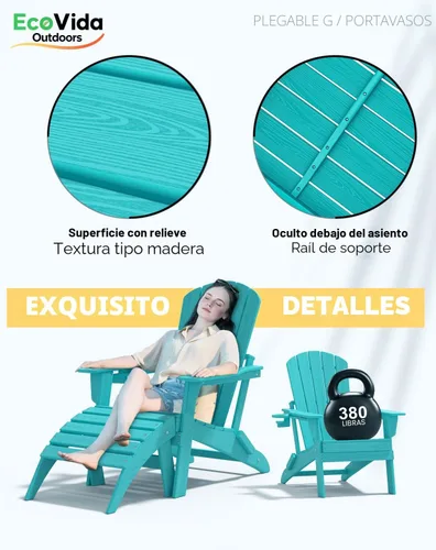 Vista 7 de Juego de sillas plegables Adirondack de 3 piezas, respaldo extra alto de 38 pulgadas y grano de madera en relieve, muebles de patio de polietileno
