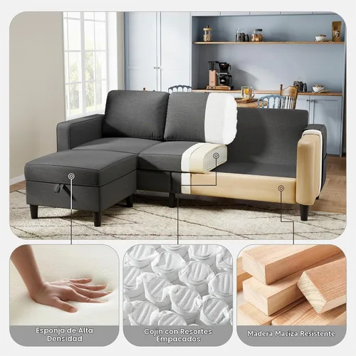 Vista 3 de Sofá modular para sala de estar, sofá gris oscuro de 3 plazas en forma de L con otomana de almacenamiento, cómodos sofás seccionales convertibles