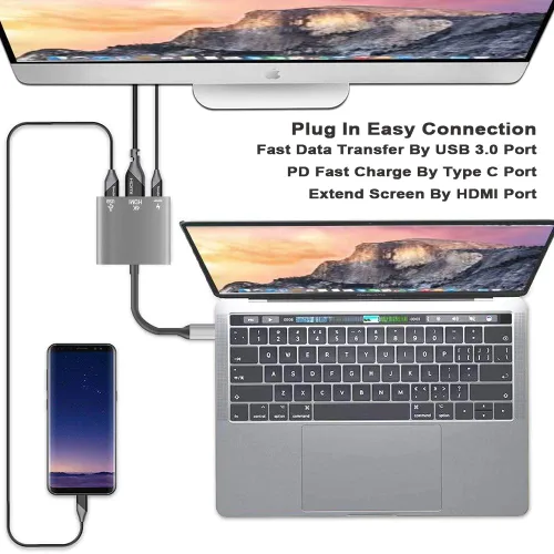 Vista 5 de IHAO 3IN1 Multi Puertos Dongle USB Tipo C a HDMI 4K HD/USB 3.0 Transferencia rápida de datos 5GBPS/PD 100W Adaptador USB C Cubierta de aluminio