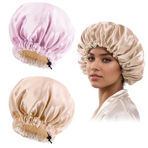 Vista 13 de Gorro de seda de satén para cabello rizado, gorro trenzado para dormir, para mujer, grande, doble capa ajustable (2 unidades, negro) Double Layer