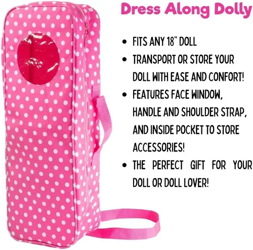 Vista 3 de Estuche de transporte para muñecas – (lunares rosados) para cualquier muñeca de 18 pulgadas – Organizador de almacenamiento de accesorios de viaje