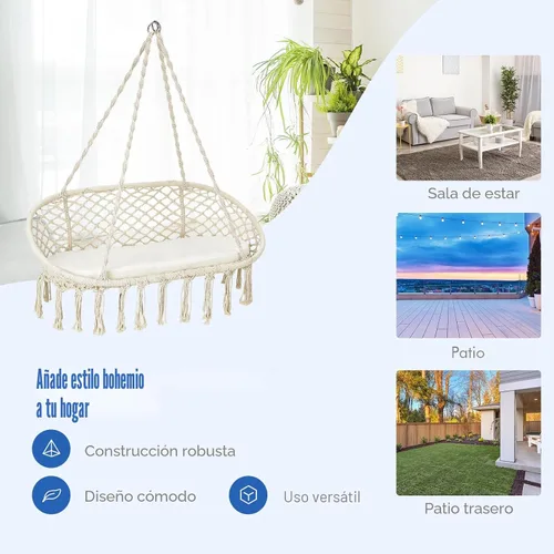 Vista 3 de Giantex Silla hamaca de 2 asientos, silla colgante de macramé con cojín, cuerdas de algodón colgantes, marco de metal, columpio