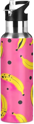 Vista 8 de Stainless Steel Water Bottle 20 Oz, Leakproof Water Bottles for Gym Outdoor Travel School, Yellow Bananas Black Dots