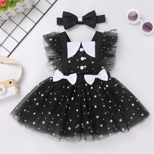 Vista 2 de Traje de bebé recién nacida para el primer cumpleaños, vestido de príncipes, diadema de encaje, volantes, estrellas brillantes, para sesión de fotos