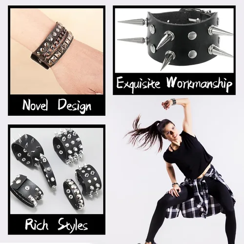 Vista 4 de Qinsihwn Punk Studded Bracelet Goth Bracelet Leather Rivets Spike Bracelets Cuff Adjustable Metal Wristband Gothic Accessories