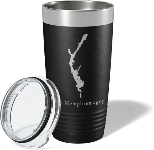 Vista 2 de Lake Memphremagog Map Tumbler Travel Mug Insulated Laser Engraved Coffee Cup Vermont Quebec 20 oz Black