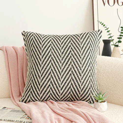 Vista 3 de Jonhier Funda de cojín cuadrada de cheurón blanco y negro, funda de cojín con patrón geométrico bohemio de granja para decoración de mediados
