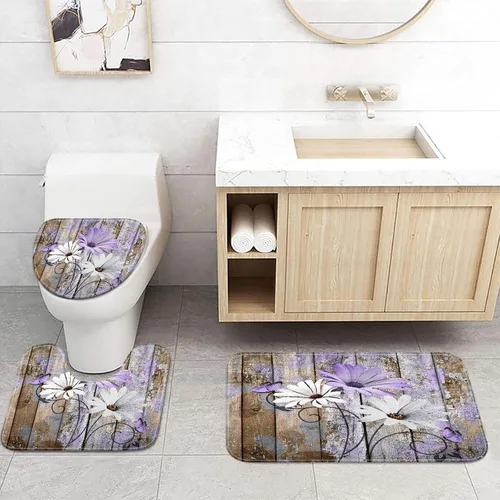 Vista 48 de JAWO Alfombra de baño con flores de granja, dalia en tablones de madera rústica, juego de tapetes de baño con flores azules, en forma de U