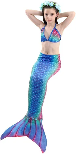 Vista 5 de Rainbow Swimmable Mermaid Tail Bikini Sets Monofin Swimware Girls Kids Cospaly Gift BlueGreen DH59