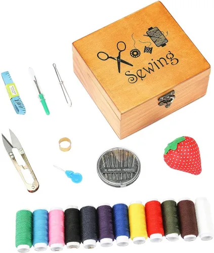 Vista 5 de Kit de costura, caja de madera para adultos, cesta de costura de madera con accesorios, kit de reparación de costura para principiantes, mujeres