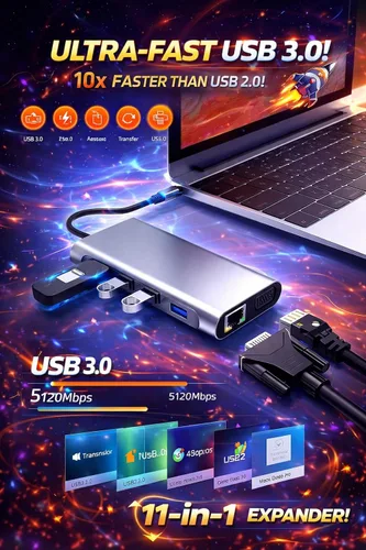 Vista 2 de Estación de acoplamiento multipuerto USB-C 11 en 1 con HDMI 4K, VGA, Ethernet, 100 W PD, USB 3.0, lector de tarjetas SD/TF y conector de audio