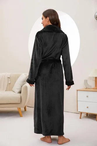 Vista 3 de HEARTNICE - Bata larga de forro polar para mujer, batas suaves y esponjosas para mujer, batas de baño cálidas, abrigo cómodo para el hogar de Negro