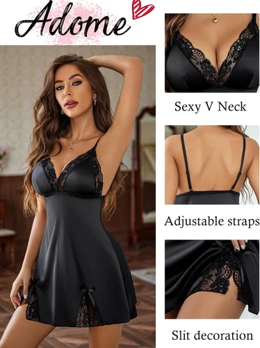 Vista 3 de ADOME Camisón de encaje para mujer, camisón de satén, babydoll de seda, vestido de seda